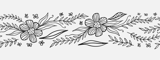 Hand drawn floral seamless pattern border. Line art style