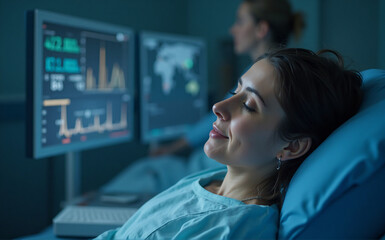 A serene woman rests in a hospital bed, eyes closed, while medical monitors display vital signs in the background.  The atmosphere is calm and dimly lit.