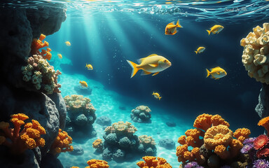 Sunbeams illuminate a vibrant underwater scene.  Golden fish swim amidst colorful coral reefs and rocks, creating a tranquil ocean paradise.