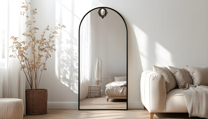 elegant modern living room or bedroom with full-length arched floor mirror, minimalist black metal frame, renaissance-style cameo medallion at top, mother-of-pearl floral inlays at wooden base, 