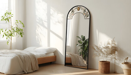 elegant modern living room or bedroom with full-length arched floor mirror, minimalist black metal frame, renaissance-style cameo medallion at top, mother-of-pearl floral inlays at wooden base, 