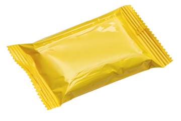 Yellow candy packet mockup isolated on transparent background.