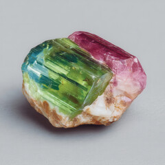 Fototapeta premium Vibrant bi-color tourmaline crystal showcases striking green and pink zones against a blurred background