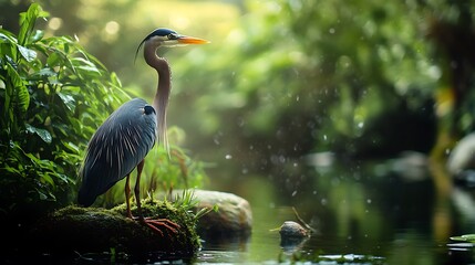 Naklejka premium Great blue heron portrait stands on a mossy rock in its tranquil habitat.