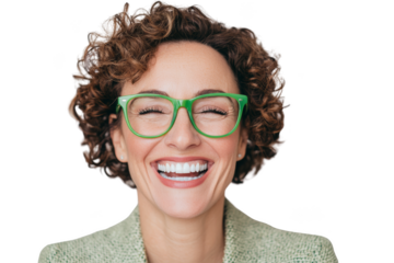 A woman with curly hair and green glasses is smiling broadly, showing her teeth and radiating joyful energy. Woman in business, Png, Transparent background