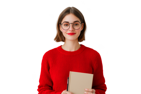 Young woman with glasses in a red sweater holding a book and smiling. Woman in business, Png, Transparent background