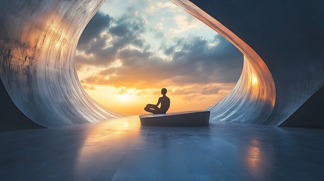 Silhouette meditating in a modern space at sunset, finding inner peace