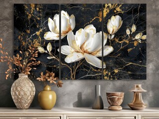 Beautiful White Magnolia Flower Blooming on Dark Marble Background with Golden Accents for Abstract Wall Art Decoration