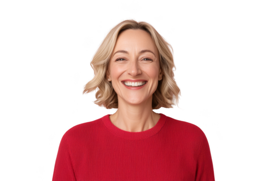 A smiling woman with blonde hair wearing a red sweater. Woman in business, Png, Transparent background