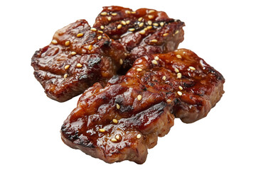 Glazed grilled pork ribs Tteokgalbi with sesame seeds on top, isolated on white transparent background. Concept of barbecue cuisine and flavor