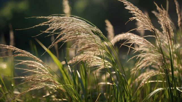 The reed grass (Imperata cylindrica) sways gently in the breeze, shining in the warm golden sunlight, amidst a peaceful natural backdrop of soft green.