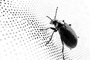 Black and white halftone texture with detailed beetle silhouette on gradient background ideal for retro print design and entomology visuals