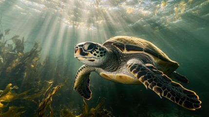Fototapeta premium Underwater view of a sea turtle swimming through sunlight.