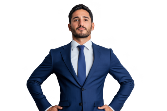 A confident man in a blue suit stands with his hands on his hips, exuding professionalism and authority.