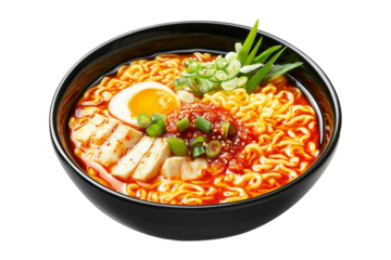 Delicious Korean ramen with boiled eggs, grilled pork, green onions, and seaweed in black bowl isolated on white transparent background, concept of cuisine