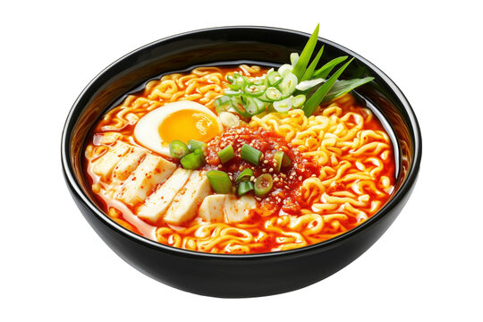 Delicious Korean ramen with boiled eggs, grilled pork, green onions, and seaweed in black bowl isolated on white transparent background, concept of cuisine