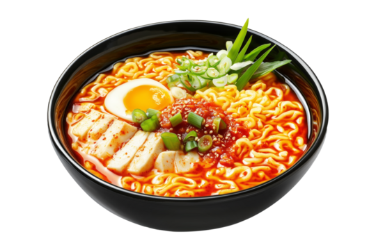 Delicious Korean ramen with boiled eggs, grilled pork, green onions, and seaweed in black bowl isolated on white transparent background, concept of cuisine - Powered by Adobe