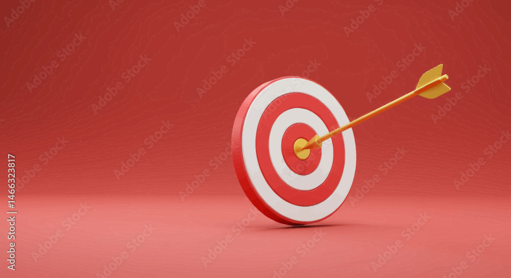 Poster red and white target with golden arrow 3d rendering