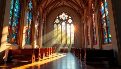 Fototapeta premium A peaceful church interior, sunlight streaming through stained glass windows , quiet, catholic