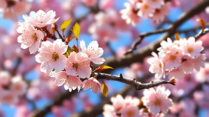 Obraz premium anime style Close-up view of blooming cherry blossom branches in spring