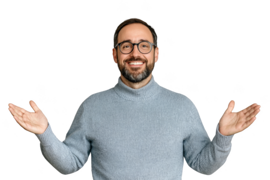 Smiling man with glasses and a beard wearing a gray sweater with arms raised and palms open.