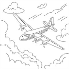 Vector illustration of a white airplane flying in the cloudy sky, an isolated aircraft perfect for travel and aviation designs