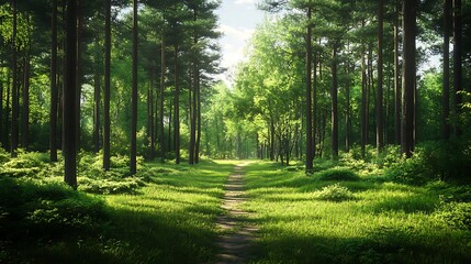 Fototapeta premium Peaceful path through a sunny forest with lush greenery and tall trees.