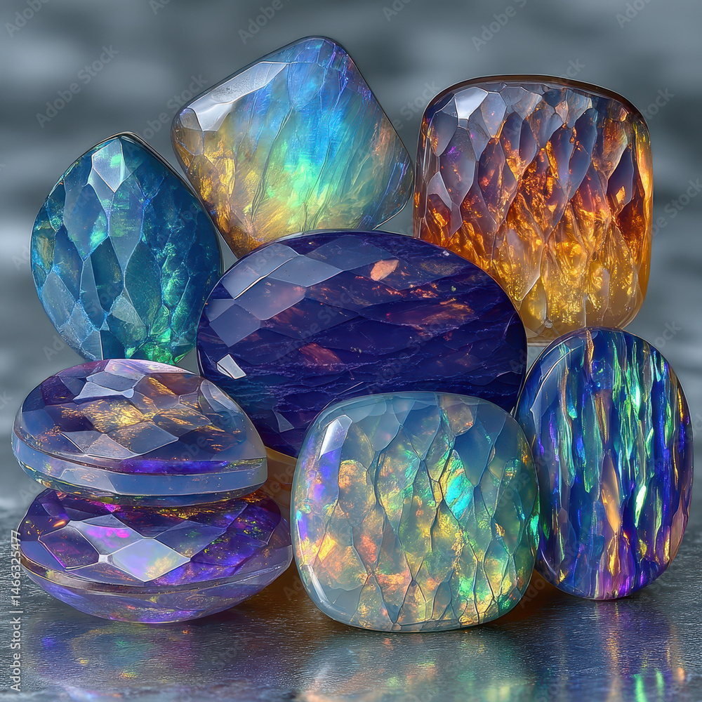 Poster elegant display of polished opal cabochons showcasing vibrant colors and patterns on a reflective su
