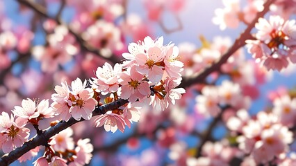 Obraz premium anime style Close-up view of blooming cherry blossom branches in spring