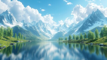 Fototapeta premium Serene Mountain Lake Reflections: A Breathtaking Panorama of Alpine Majesty