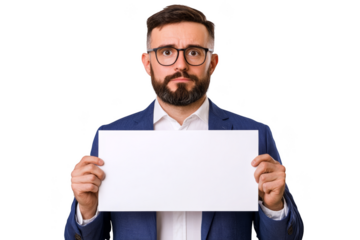 A man with glasses and a beard holds a blank white sign in front of him.