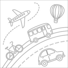 This vector set features various transport icons, including a car, truck, bus, plane, train, ship, bike, and helicopter, illustrating different transportation vehicles and travel symbols