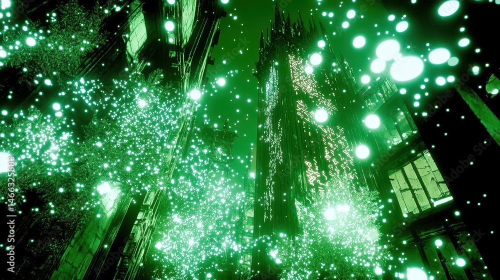 Poster emerald cascade shimmering particles abstract design green light streaks artistic backdrop dynamic e