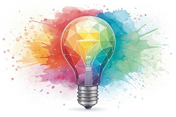 A polygonal-patterned, rainbow-colored lightbulb with a vibrant watercolor splash background, blending digital artistry with innovation and imagination, isolated on a white background