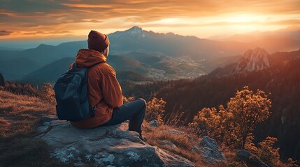 Hiker enjoying a mountain sunset view from a rocky outcrop. Peaceful scene