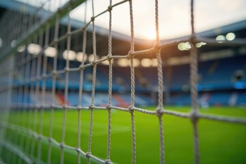 Close-up view of a soccer goal net, showing the netting and frame Focus on texture and detail , soccer goalpost, bright