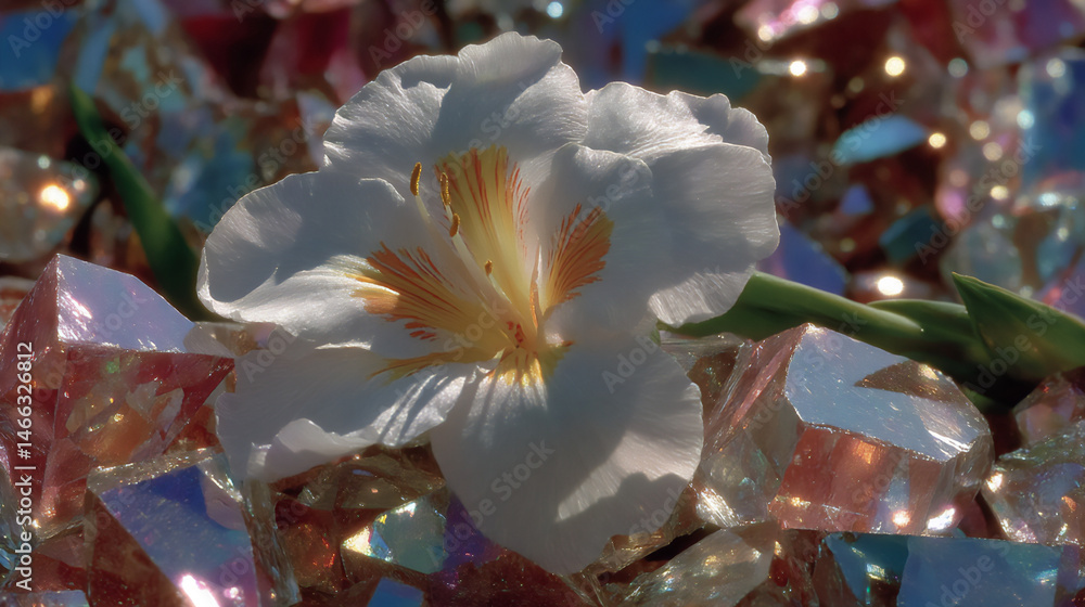 Poster a modern digital artwork featuring a translucent lily constructed from irregular shards of glass, wi