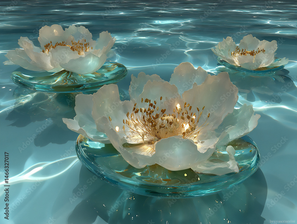 Poster a surreal digital painting of clear glass lilies floating gently in a luminous underwater scene with