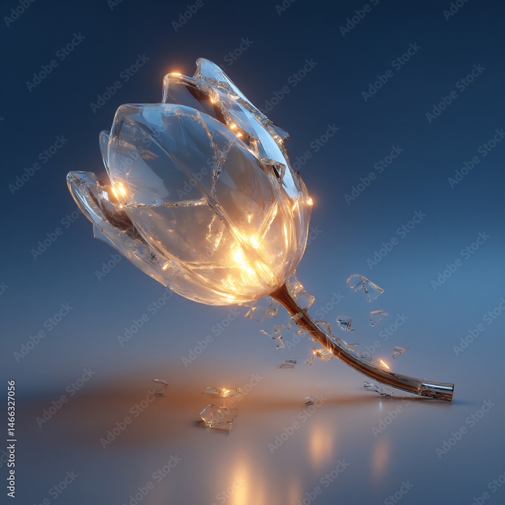 Poster an abstract digital illustration of a transparent tulip shape formed from shattered glass fragments,