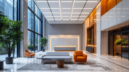 : White square LED down lights are installed in an office interior showcasing the modern design and lighting, featuring suspended white square tiles on high ceilings