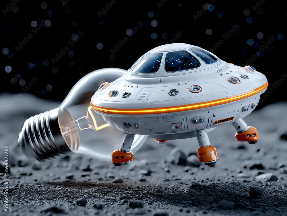 Poster a 3d rendering of a miniature spaceship hovering above a rocky planet surface inside a clear light b