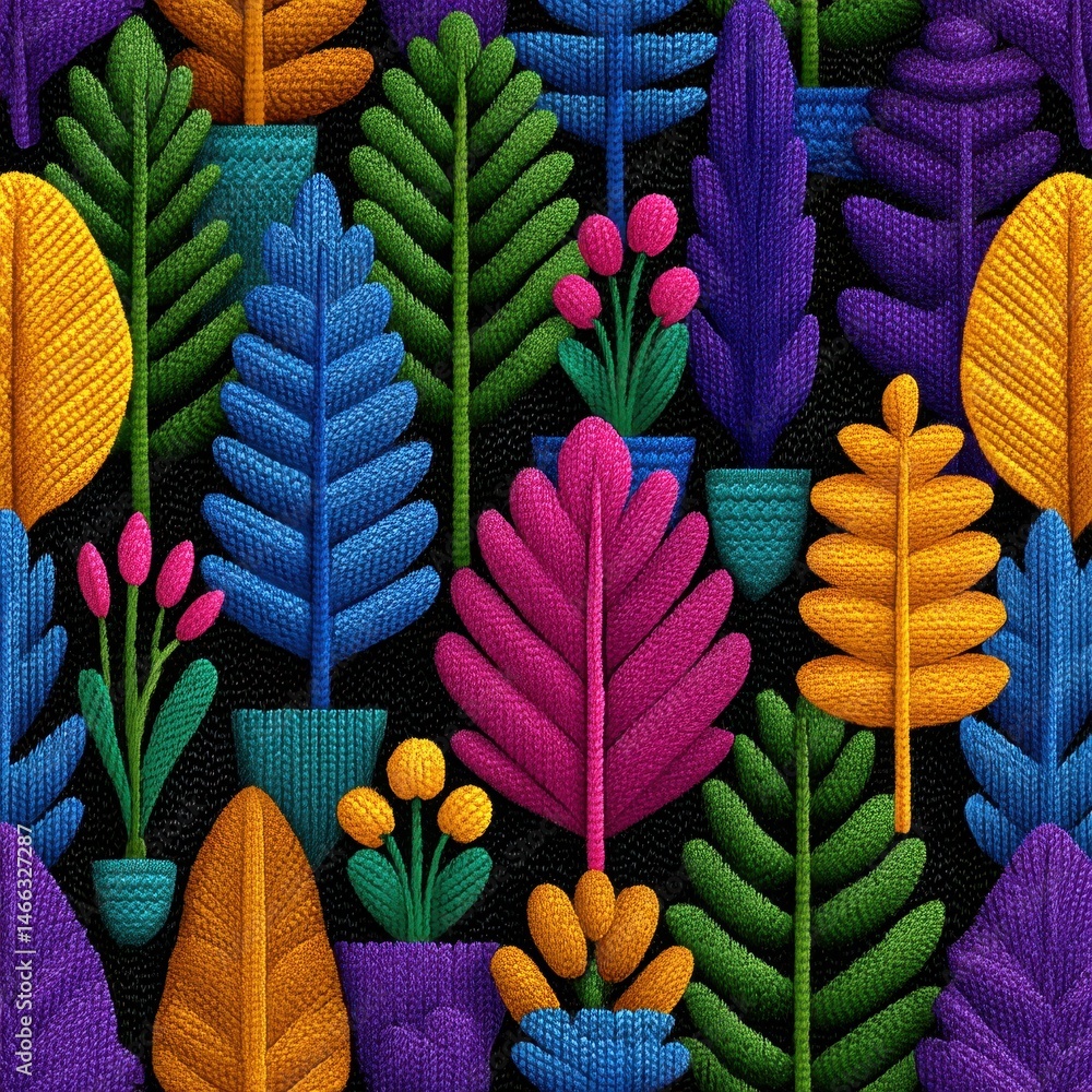 Poster vibrant multicolored plants and flowers in pots on a dark background, rendered in a textured, pixela