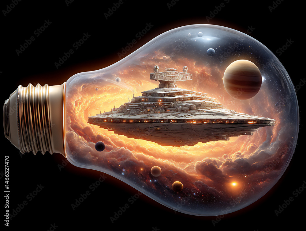 Poster a digital artwork depicting a tiny spacecraft navigating through swirling nebulae and glowing planet