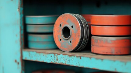 Rusty metal discs stacked on a blue shelf, showing signs of wear and industrial use.