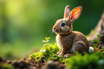 Delicate bunny crafted from twigs and moss, nestled in greenery , sustainable, natural, adorable