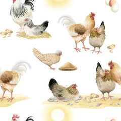 Farm chickens hens and roosters with baby chicks watercolor seamless pattern on white. Poultry yard birds for domestic animals designs. Realistic fowls repeat background for fall village designs