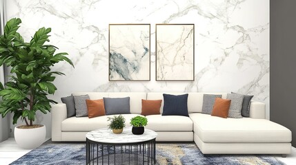 Living room with marble wall and cozy sectional sofa