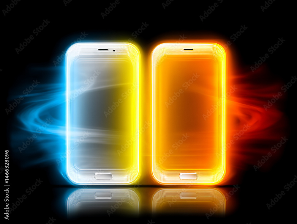 Poster an abstract digital artwork featuring two smartphone silhouettes emitting glowing lines of light tha