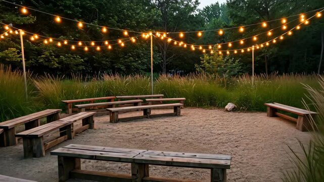 Outdoor gathering space with benches and string lights