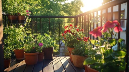 Sunny balcony garden with colorful flowers and herbs